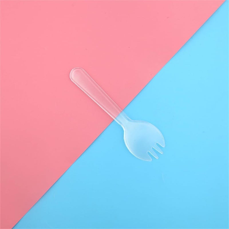 EYAKEG 4.2"" Mini Disposable Sporks 50Pcs, Plastic Spork 2-in-1 Utensils, Individual Package Per (Clear) - Image 4